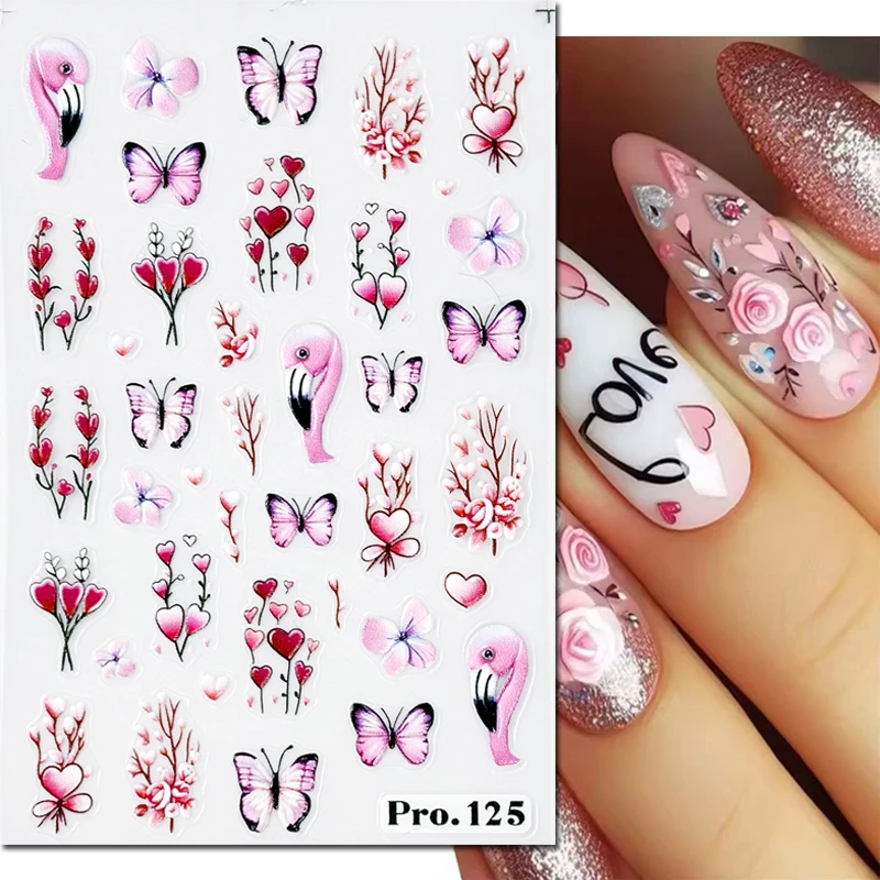 5d Embossed Nail Art Stickers Valentine Red Love Hearts Butterflys Flamingos Flowers Decals Decorations For Nail Tips Manicures