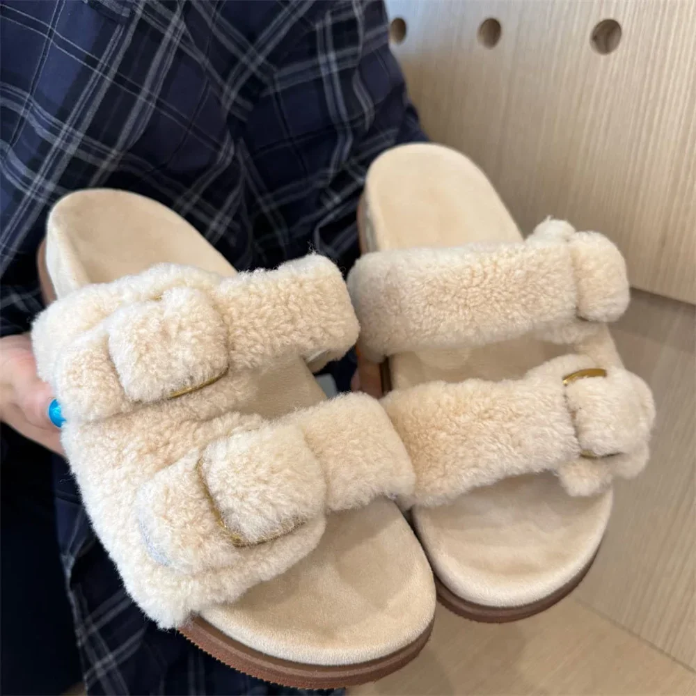 Women Wool Fur Slides Luxury Fluffy Real Fur Slippers For Woman  Non Slip Flat Flip Flops Indoor Outdoor Woman Plush Sandals view 3