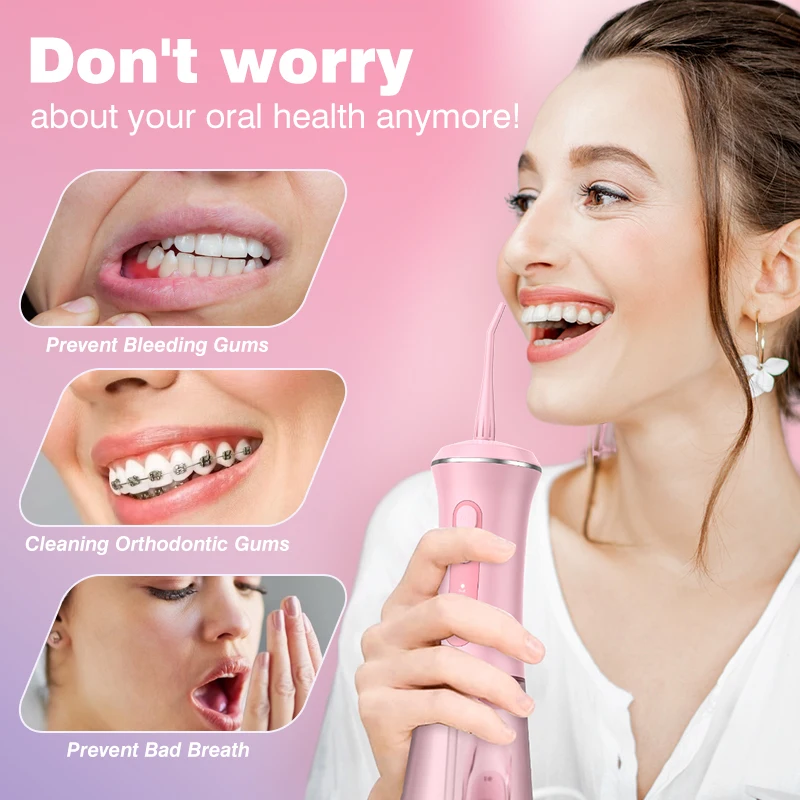 Dental Water Flosser with Replacement Tips,350ml Water Tank,5 Modes,Portable Cordless USB Oral Irrigator for Healthy Teeth,Pink