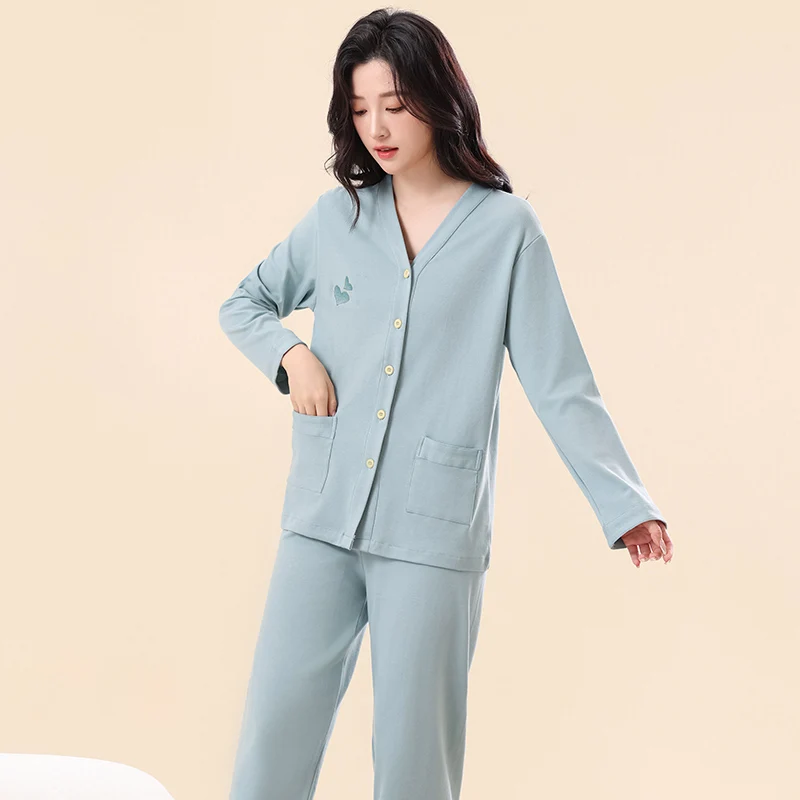 Home clothing for female full pure cotton pajama set women autumn and spring fashion v-neck cardigan solid color women sleepwear