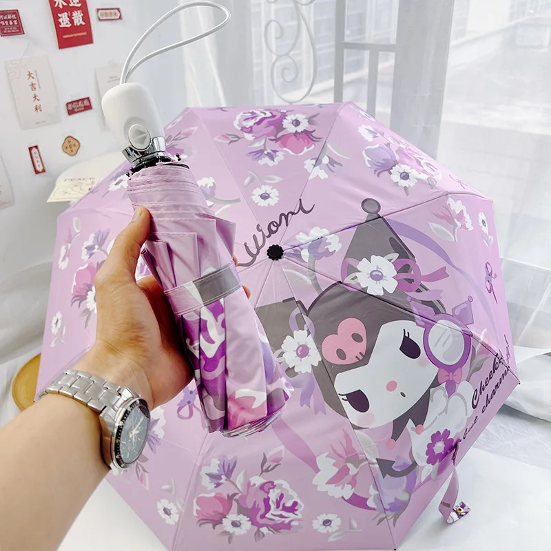 Kawaii Sanrio Kuromi Cute Cartoon Girl Sun Umbrella Sunny or Rainy Dual Use Student Umbrella Fold Sunshade Anti-Uv Festival Gift