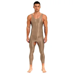 Mens Lingerie Tights Close-fitting Jumpsuits One Piece Glossy Open Crotch Solid Color Stretchy U Neck Sleeveless Bodysuit