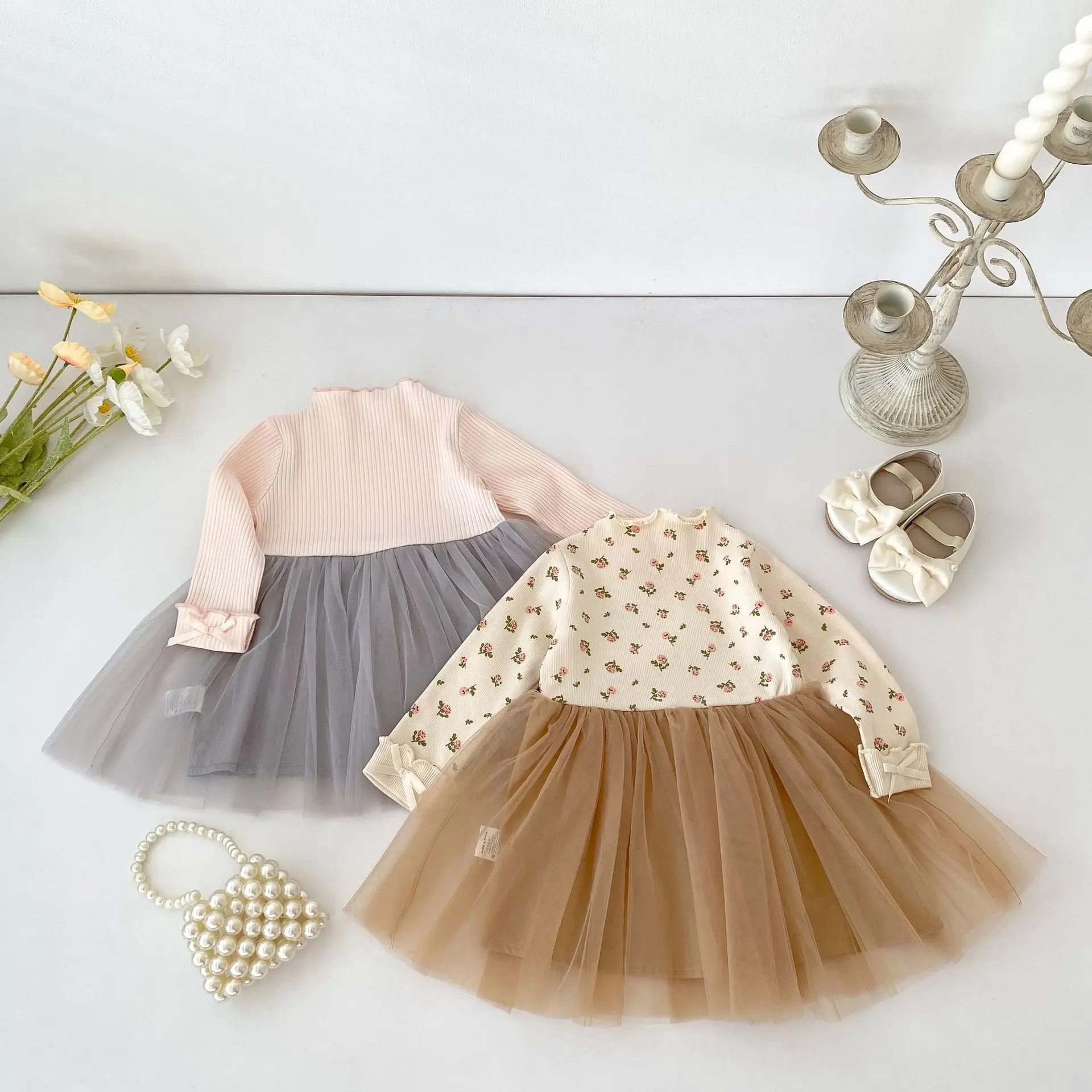 2026 Autumn New Baby Girl Long Sleeve Floral Dress Cotton Girls Cute Mesh Splicing Princess Dress Infant Toddler Clothes