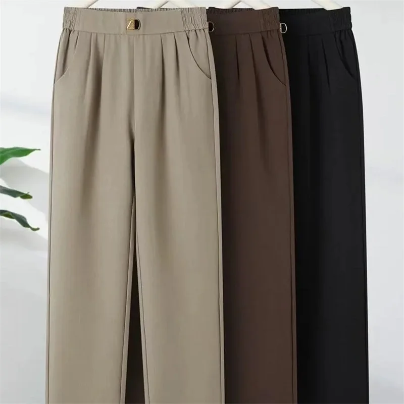 Middle-Aged Elderly Mothers Casual Pants Women's New Spring Autumn Straight Trousers Ladies Loose Elastic Waist High Waist Pants