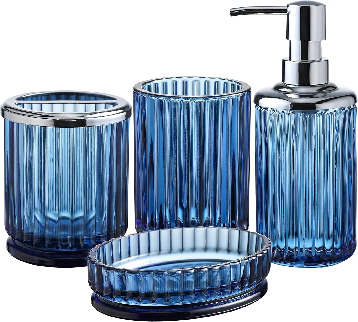 

4PCs Heavy Weight Decent Blue Glass Bathroom Accessories Set with Decorative Pressed Pattern - Includes Hand Soap Dispenser & Tu