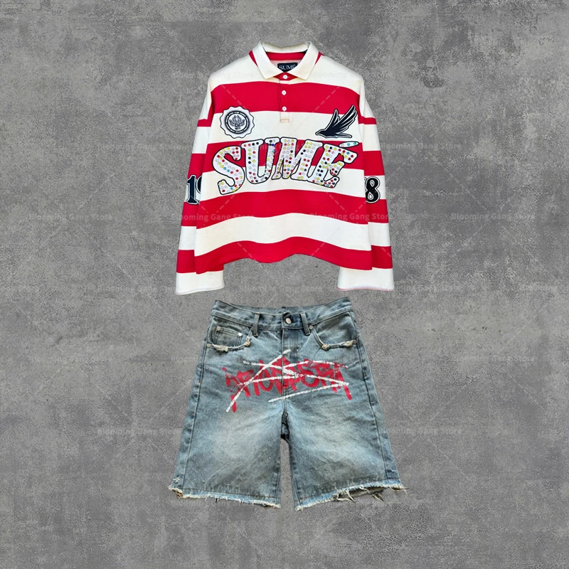 Y2K Letter Sume 2 Piece Shirt Set Rugby Diamond Stripe Polo Shirt  Vintage Classic Unisex Oversized Long Sleeve Shirt Set Jeans
