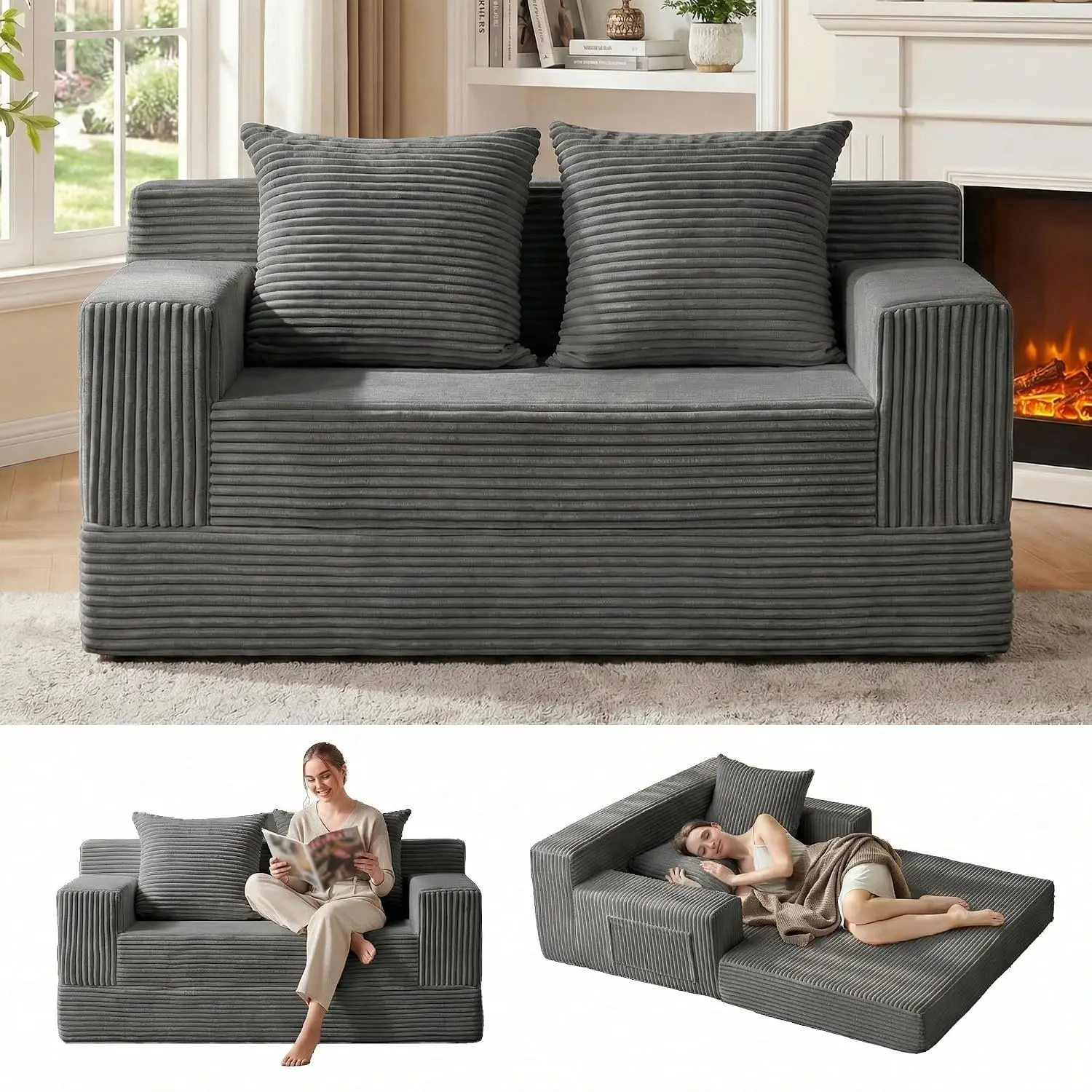 Convertible Sofa Bed Loveseat Folding Floor Futon Sleeper Corduroy Pull Out with 2 Pillows for Living Room & Bedroom, Customized