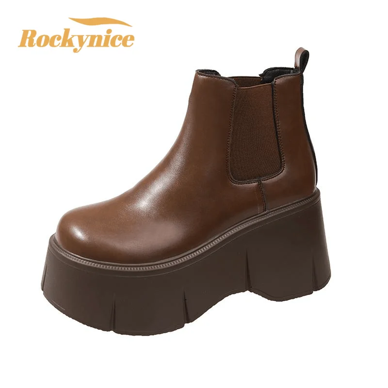 

8CM Heels Winter Women Leather Chunky Ankle Boots 2023 Autumn High Platform Boots Woman Thick Bottom Non Slip Motorcycle Booties