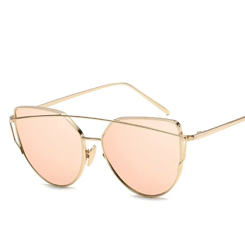 New Fashion Cat Eye Vintage Rose Gold Mirror Woman\'s Sunglasses Metal Reflective Flat Lens Tourism Sunglasses Mulyi-color Style