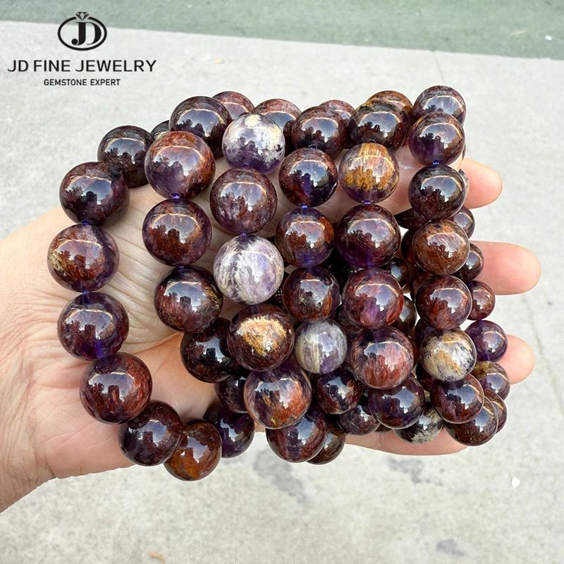 JD Genuine Natural Stone Purple Titanium Ghost Quartz Crystal Bead Bracelets Women Men Healing Health Protection Lucky Jewelry