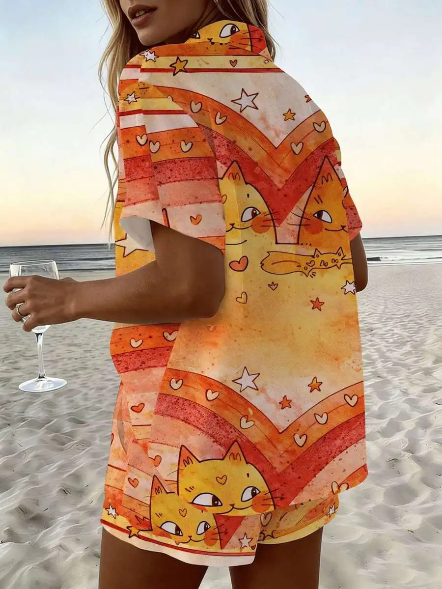 

Plus Size Women Casual Two Piece Set Cartoon Cat Rainbow Print Loose Lapel Shirt And Shorts