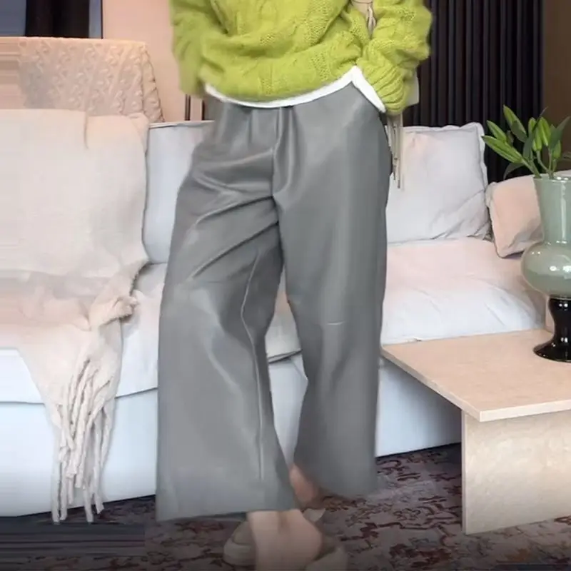 elastic waist wide-leg casual pants women's 2025 autumn new simple commuting versatile fashion nine-point leather pants