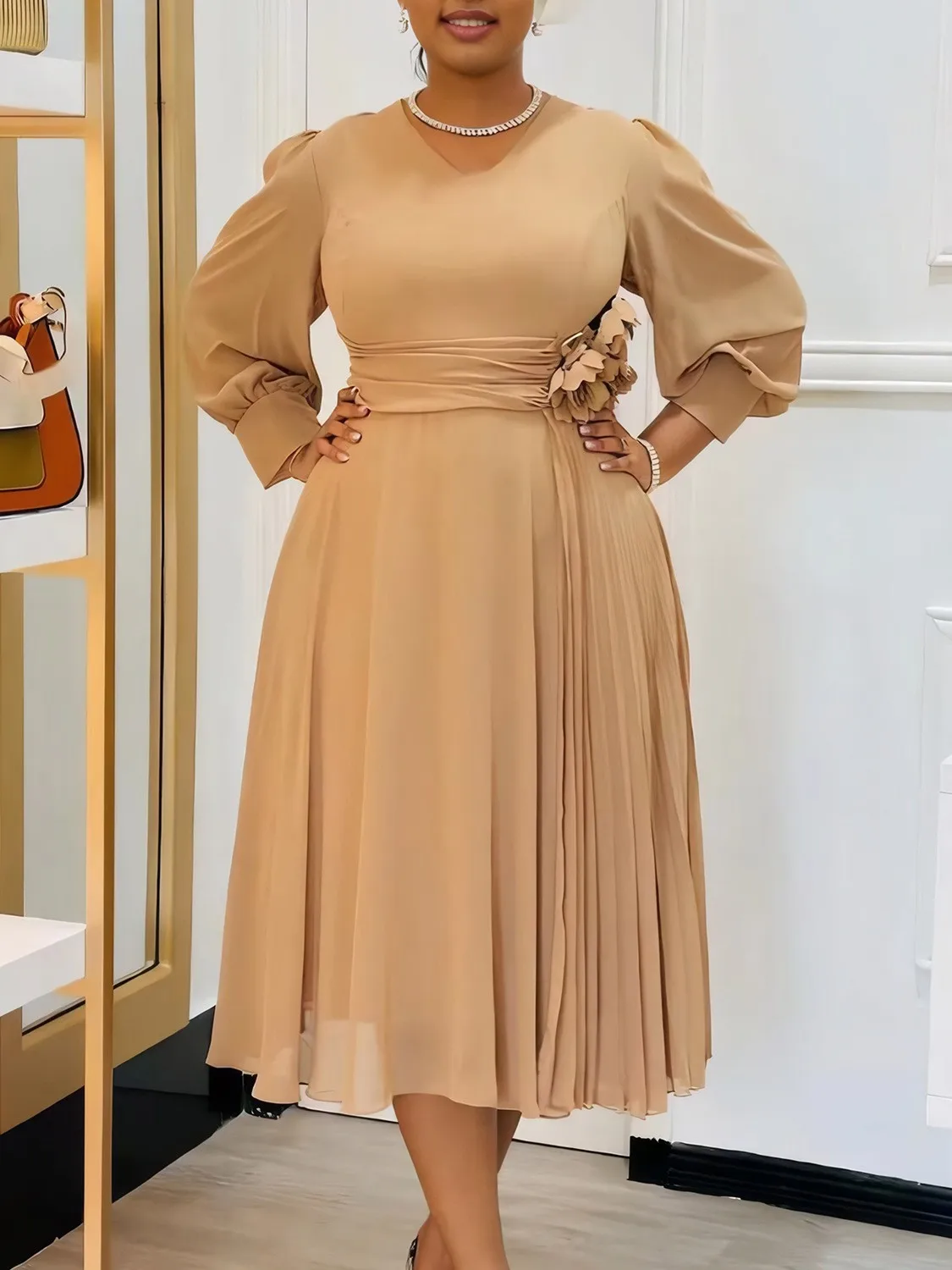 

Spring Women's Clothing Elegant V Neck Lantern Sleeve Long Dress For High Waist A Line Midi Solid Polyester Spandex Blend