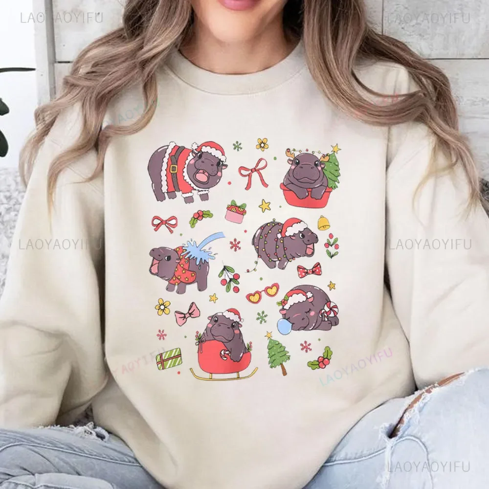 Moo Deng Christmas Sweatshirt Moo Deng Merch Cute Moo Deng Hippo Christmas Sweater Coquette Clothes Funny Baby Pygmy Hippo Gifts