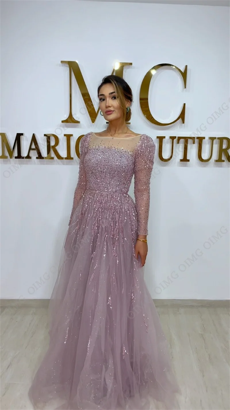 OIMG Pink 2023 Shiny Dusty Pink Tulle Evening Dresses A Line O Neck Sparkly Front Dubai Arabic Women Party Prom Gowns Vestidos