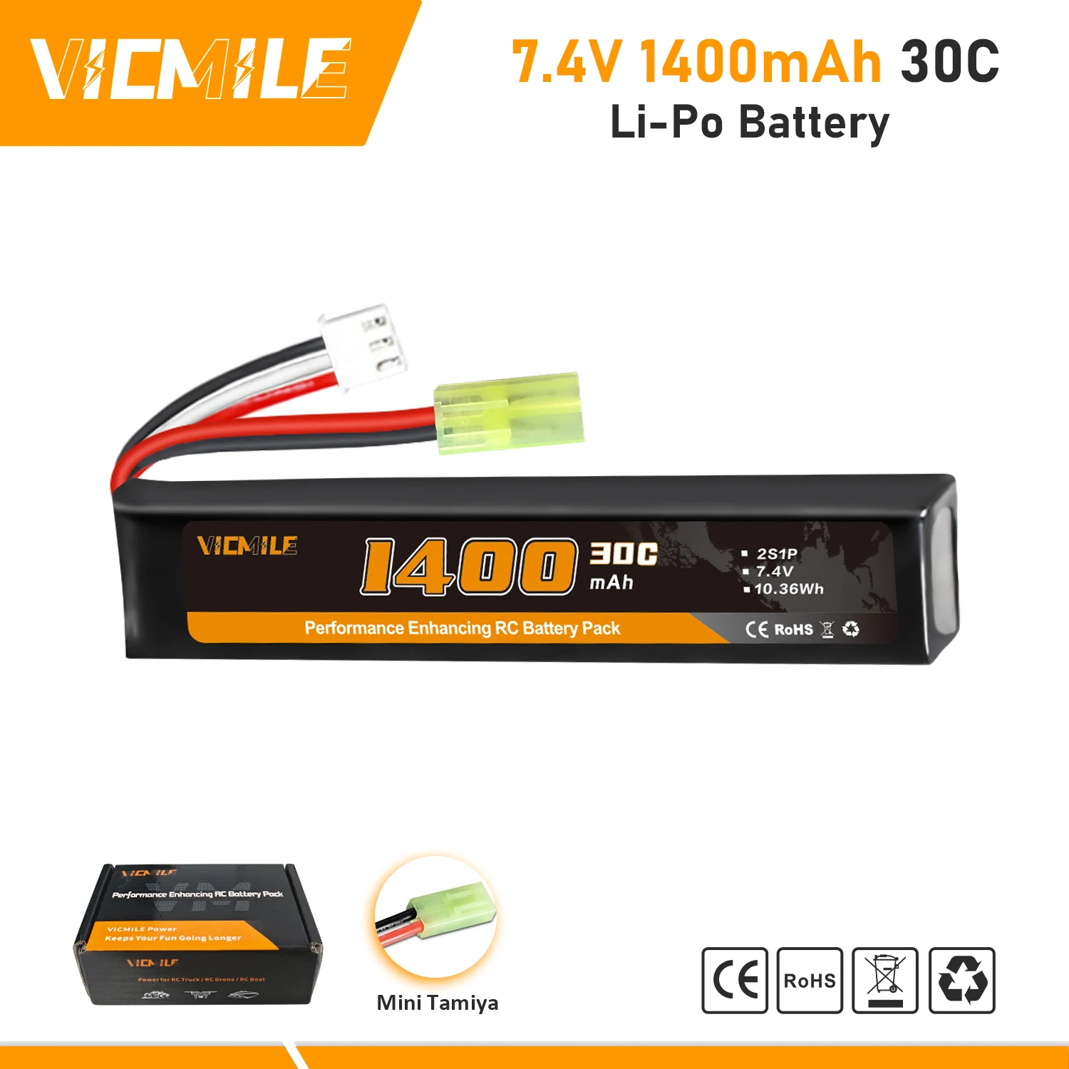 

VICMILE 1-2pcs Airsoft 7.4V 1400mAh2S Lipo Battery with Tamiya Plug 30C High Discharge Rate Fit for Airsoft Model Guns