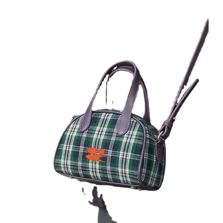 Korean Vintage Plaid Pattern Classical Boston Bag Y2k Aesthetic Streetwear Women Purses and Handbags Trendy Cool Crossbody Bag