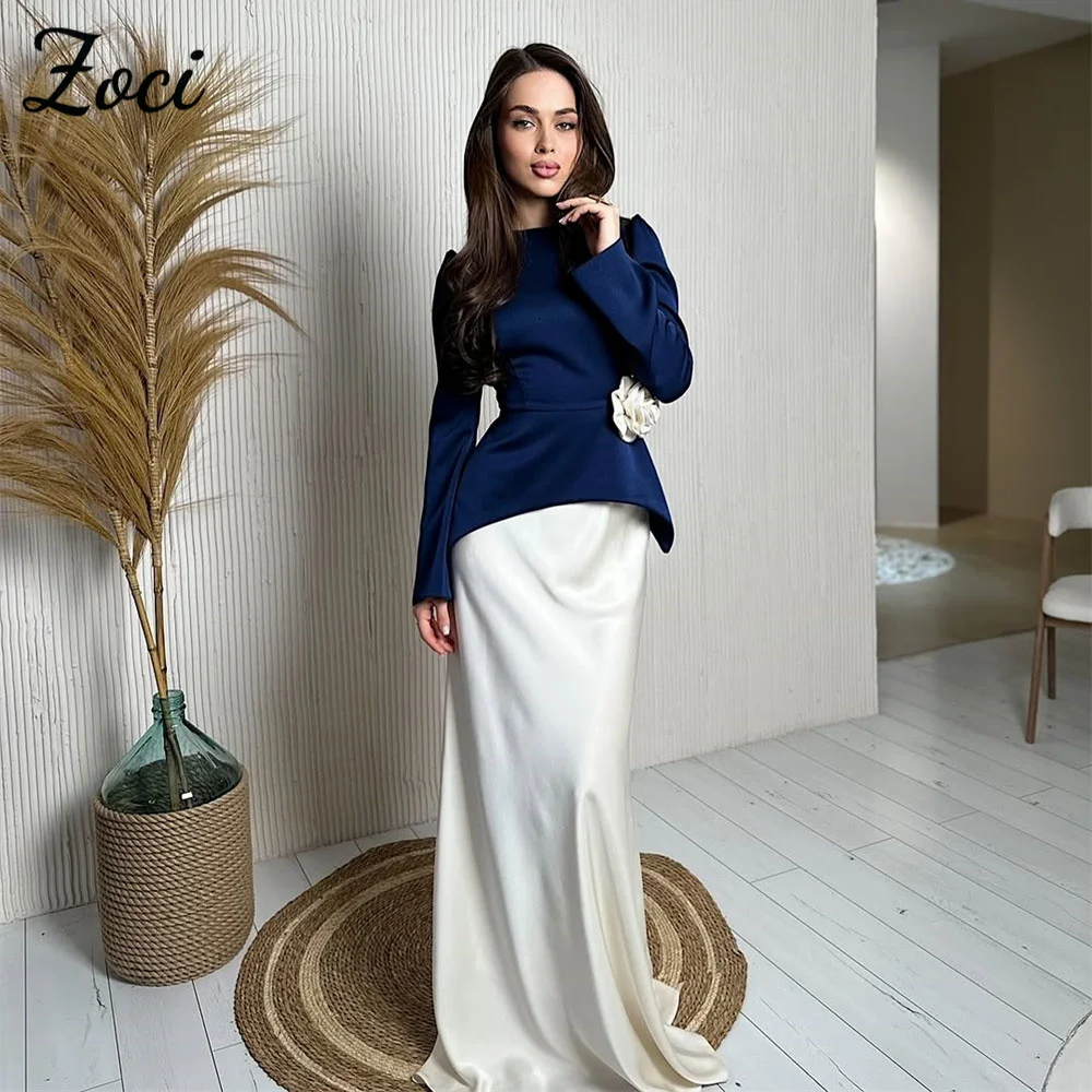 

Zoci Contrast Color Silk Prom Dresses 3D Flowers Long Sleeves Mermaid Formal Party Gowns Sweep Train Evening Dress Customized