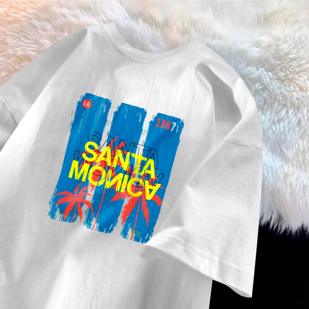 Santa Monica Letter Printed T-shirts Trendy Oversize Mens Clothing Cotton Casual Short Sleeve Tee Loose Summer Tops Plain Shirt