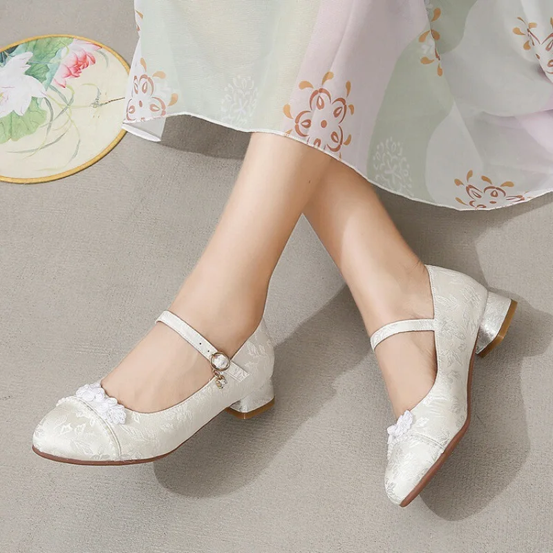 Casual Woman Shoe Round Toe Female Footwear Soft Comfortable Dress New Summer Leisure Sewing Buckle Strap Rubber High Pumps PU S