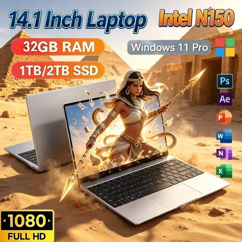 14.1 Inch Laptop Intel N150 Chipset 32GB RAM 2TB SSD Windows 11 Built‑in Office Business Gaming Student Daily Use Notebook PC