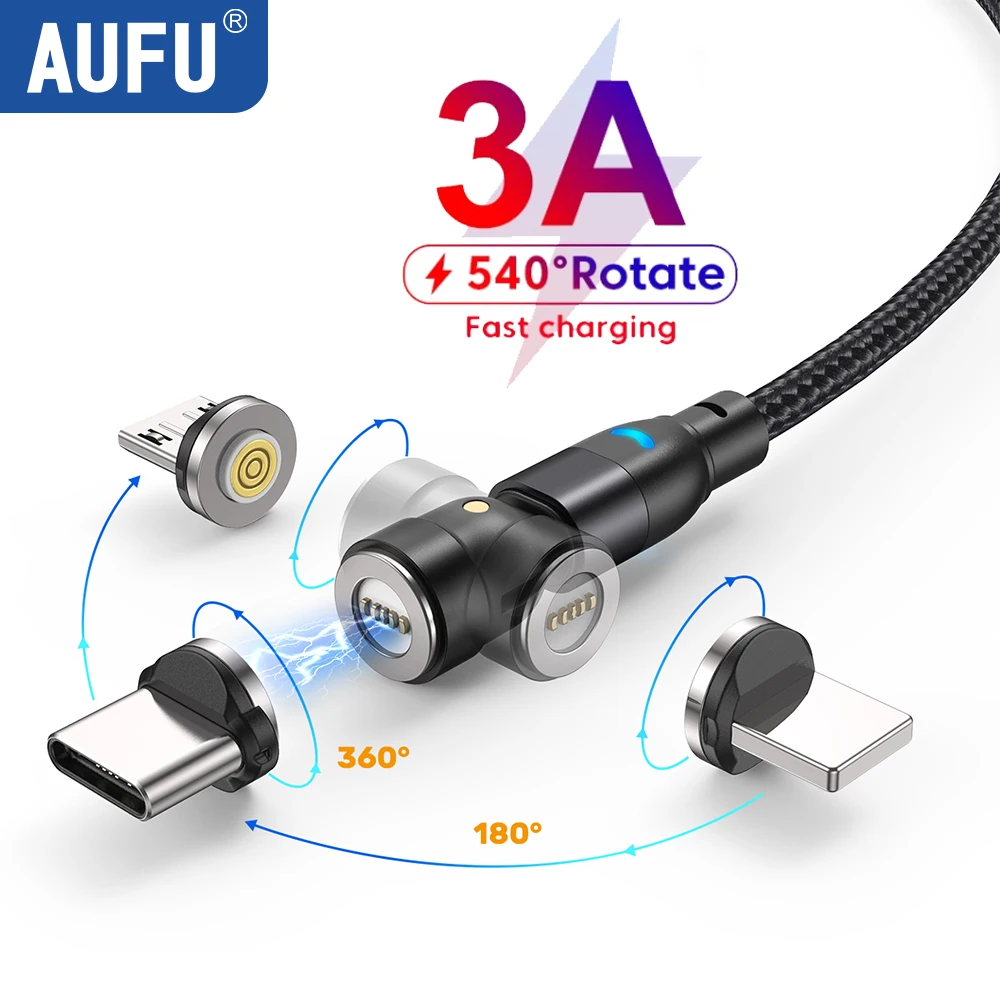 AUFU 540 Rotate Magnetic Cable 3A Fast Charging Micro USB Type C Cable For iPhone Xiaomi Samsung Magnetic Charge Phone Data Cord