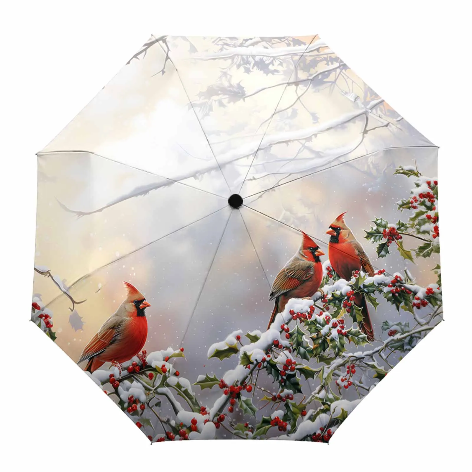 Winter Snowy Scenery Forest Cardinals Berries Fully-automatic Umbrella for Outdoor Adults Foldable Eight Strand Umbrella