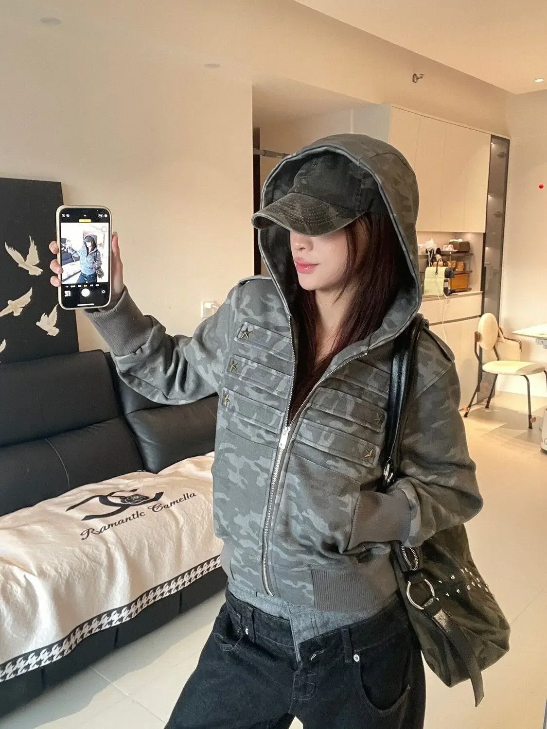 2026 Y2K American Street Hooded Jacket Vintage Button Grey and Camo Print Long Sleeve Hoodie Fall Casual Loose Short Jacket