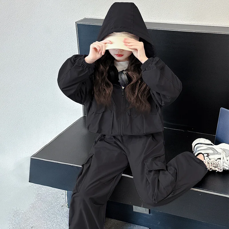Spring/Autumn Teen Girl Workwear 2Pcs Set Hooded Zipper Jacket Multi-Pocket Cargo Pants Junior Kid Sport Suit Child Outfits 4-14