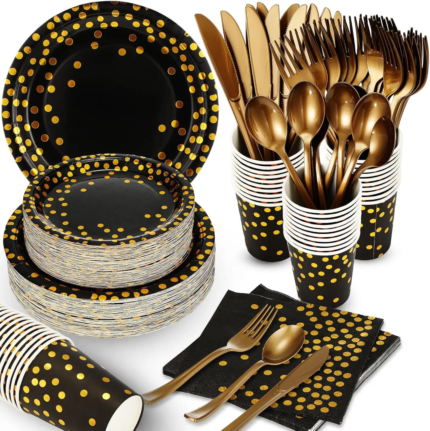 

560 Pcs Black Gold Party Supplies for 80 Guests - Plates, Cups, Napkins, Cutlery for Birthday Graduation Decor