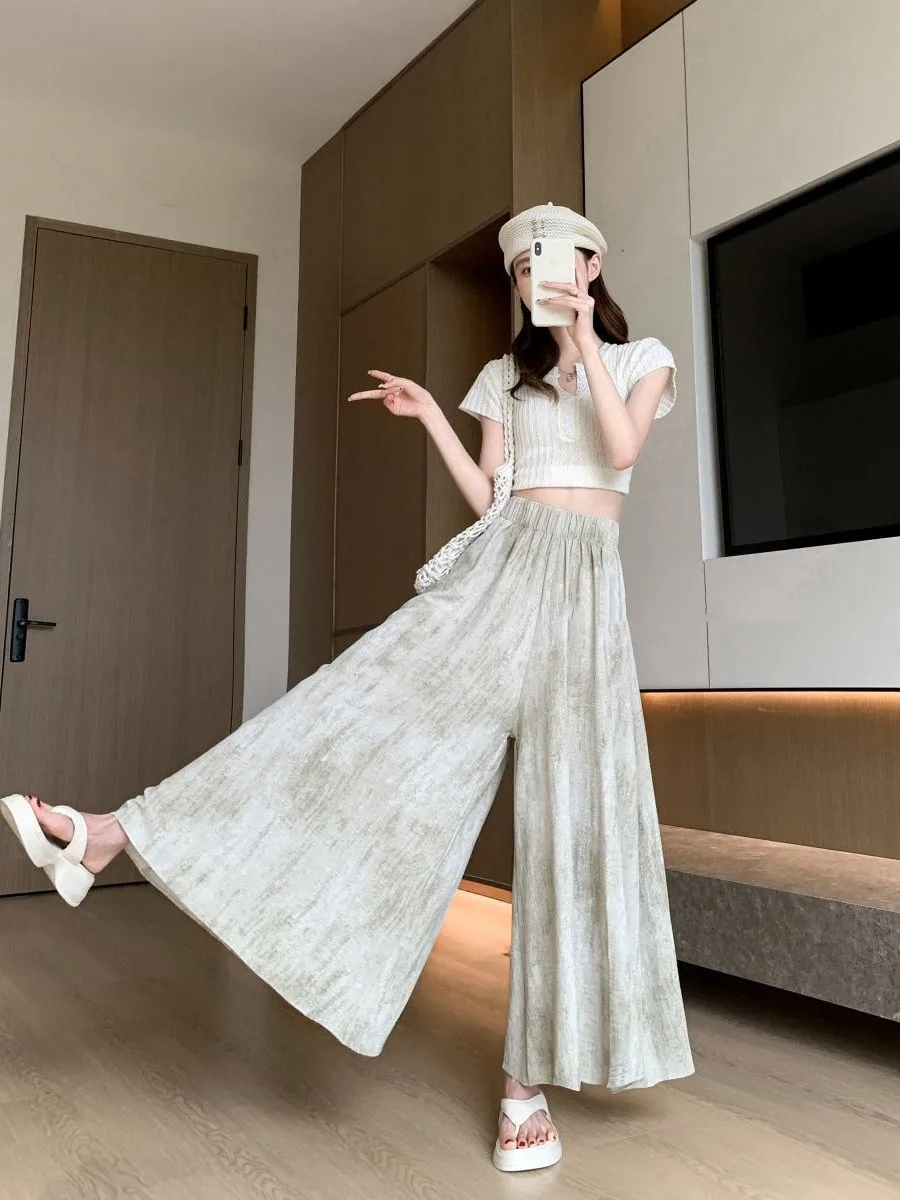 Summer Thin High Waist Wide Leg Ice Silk Skirt Pants Women's Dyeing Pants Korean Sle Loose Fit Nine Points High Waist