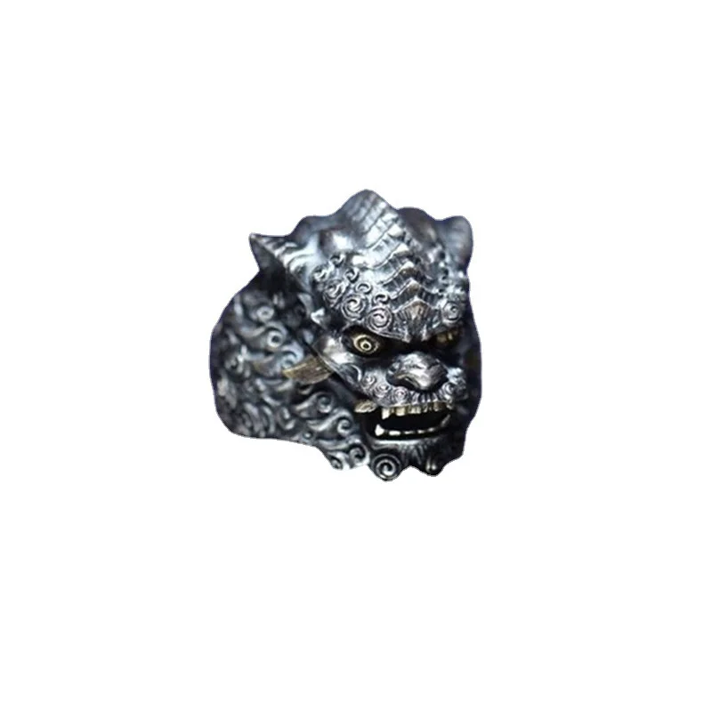 Auspicious Tang Lion Pattern Ring Men Jewelry Personality Carving China-Chic Style Vintage Lion Ring Male Finger Accessories