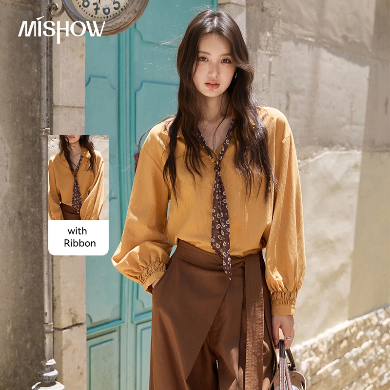 MISHOW Women's Lyocell Solid Shirt 2026 Autumn Lapel V-neck Wrinkled Cuffs Tops Elegant Commuter Shirt with Scarf MXF41C2523