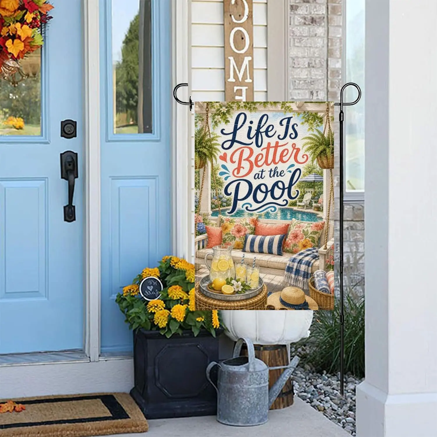 Summer Pool Garden Flag 12x18 Inch Life Is Better at the Pool Pergola Swing Lemonade Pitcher Floral Cushions Fern Planters S yyi