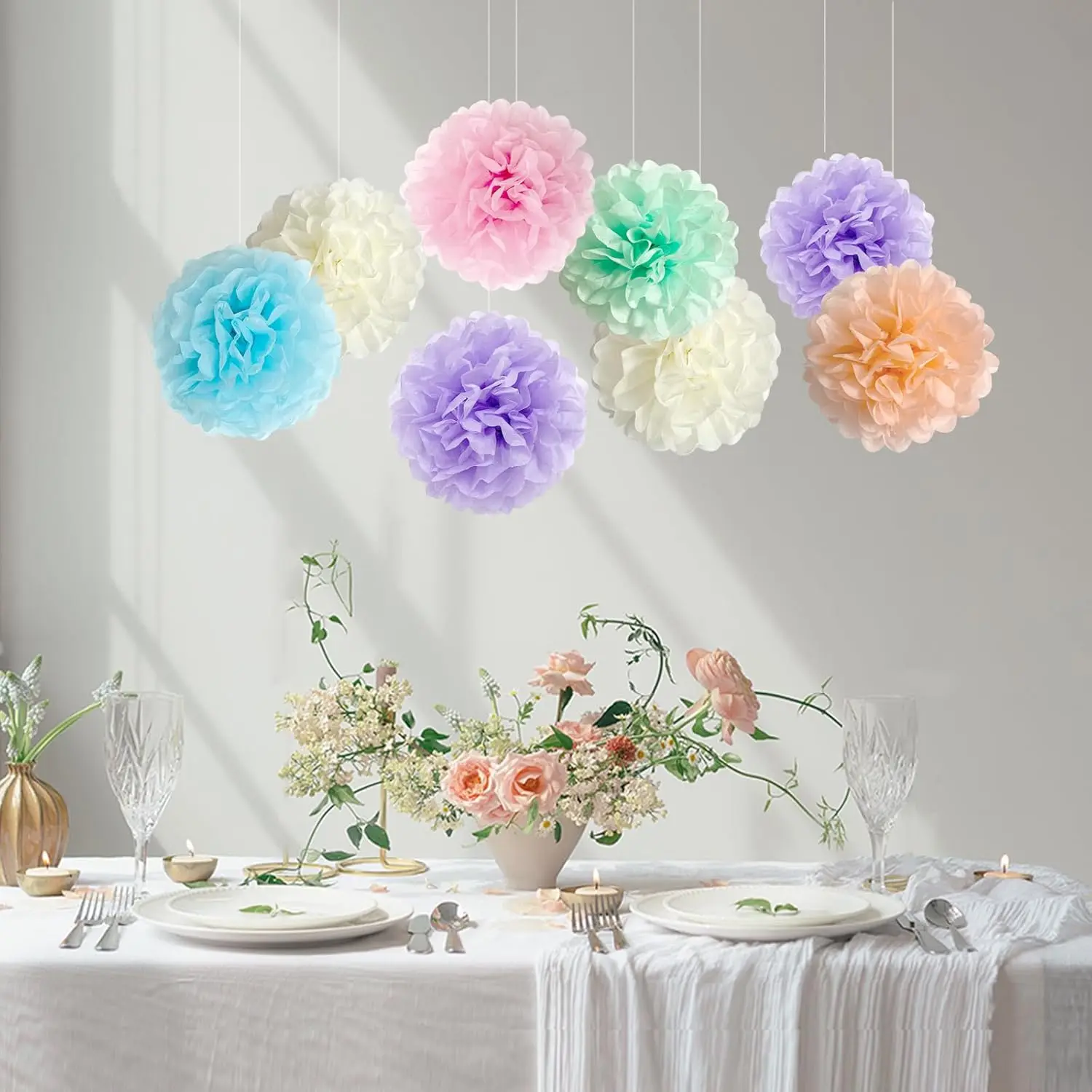 Pastel Tissue Paper Pom Poms Party Decorations Rainbow Ice Cream Easter Macaron Flowers Wall Hanging Supplies Birthday