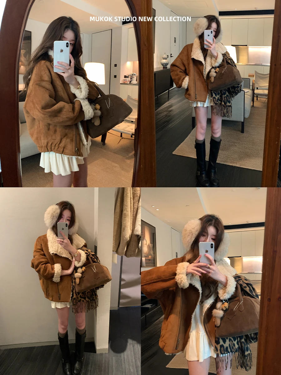 MUKOK Vintage Gradient Color Block Fur Jacket Women's Long Sleeve Zipper Closure Commute Style Eco-Friendly Lamb Fur Coat
