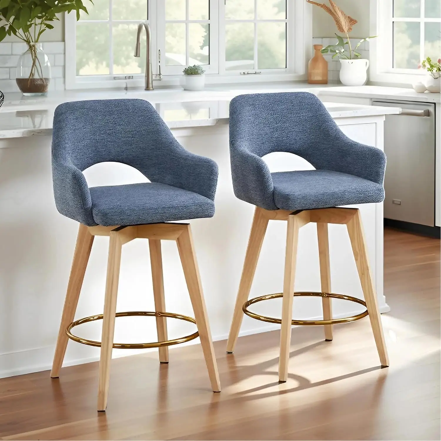 

Blue Swivel Counter Bar Stools Set of 2 with Arm Back Linen Upholstery Wood Leg Gold Ring Kitchen Customized