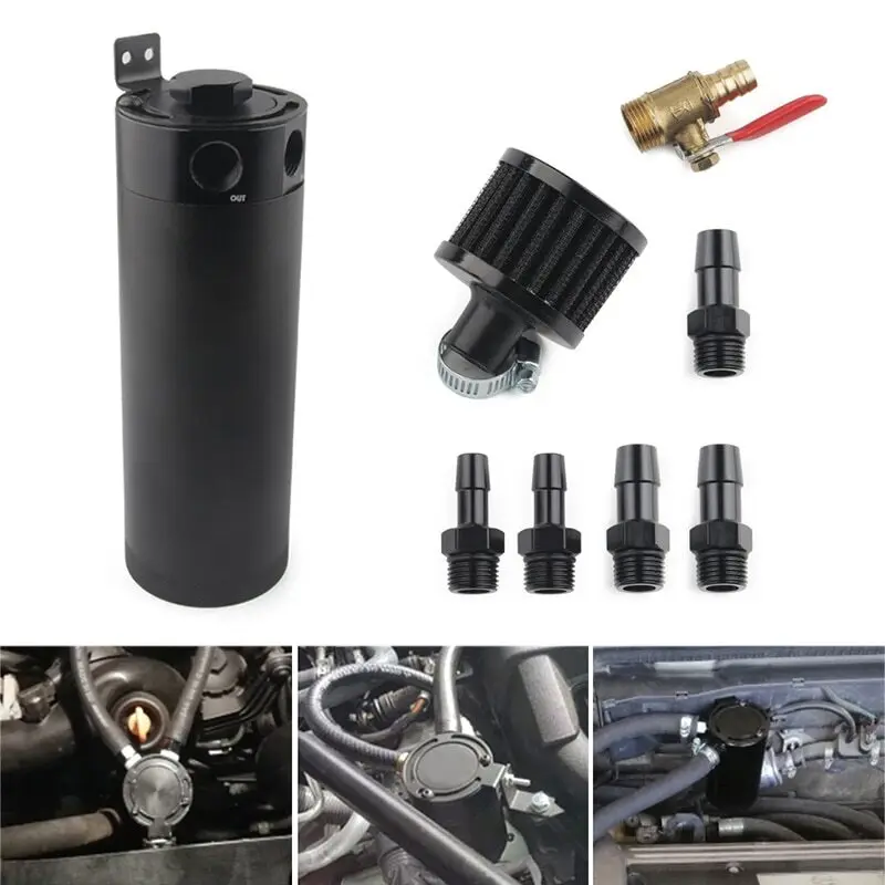 

Aluminum Universal Baffled 2-port New Long Oil Catch Can Tank with Breather Filter Engine Mini Oil Separator