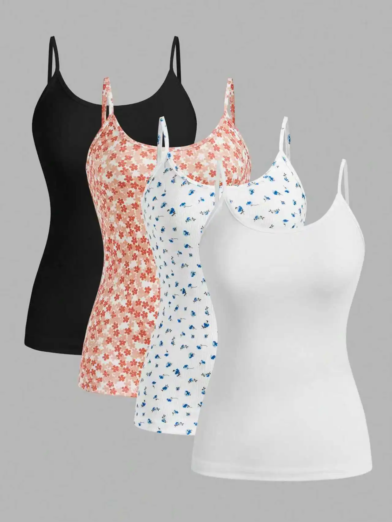 

Plus Size 4 Pack Ribbed Spaghetti Strap Tank Top Set (Floral & Solid)