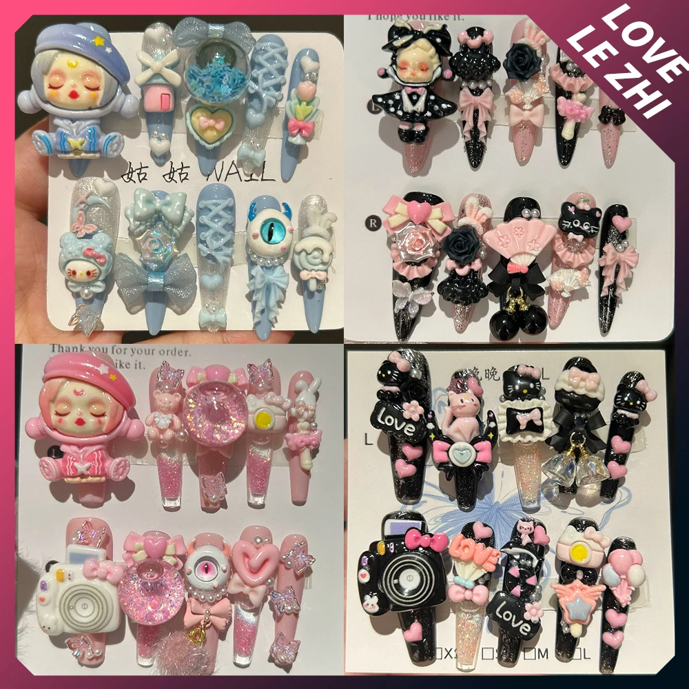 

Cartoon Hellokitty Handmade Long Coffin Stilettos Fake Nails Luxury Glitter Rhinestones Metal Butterfly Bow Pearl Press On Nails