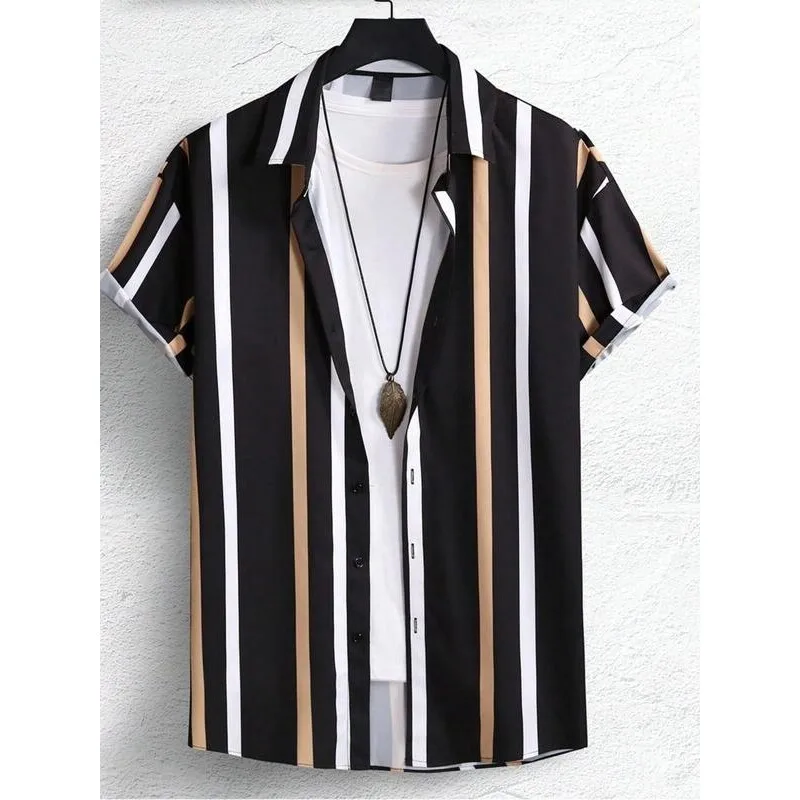 

Men's Striped Shirt Set Casual Comfortable Cotton Easy Care Spring Summer Fashionable Menswear Clothing Ensemble