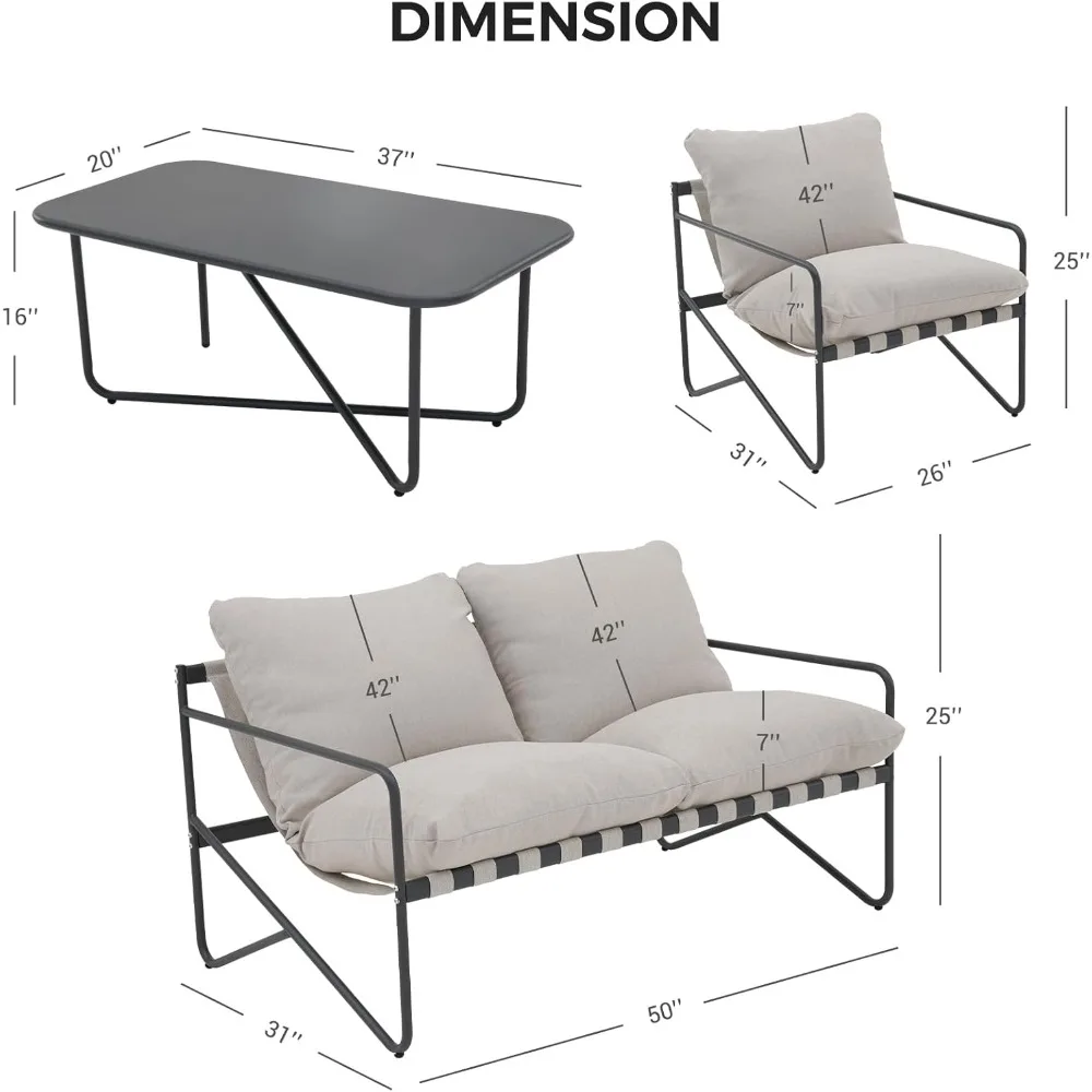 Outdoor Patio Sofa Set with Cushion, Modern Metal Couch Loveseat Chairs Coffee Table Conversation Set