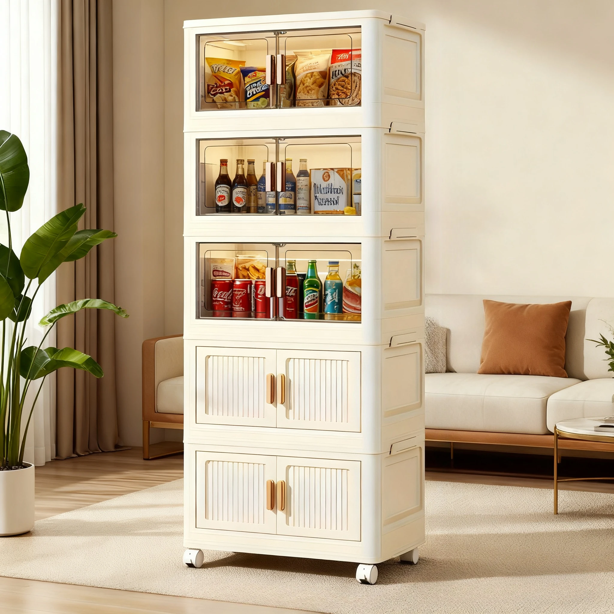 

Extra-large 3/4/5-layer foldable plastic storage cabinet with doors, with wheels, stackable large-capacity storage cabinet