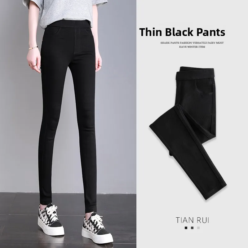 Black Pencil Slimming Leggings Women's Summer Thin Model Base Layer Pants High Waist Ankle-Length Polyester Fiber 100%