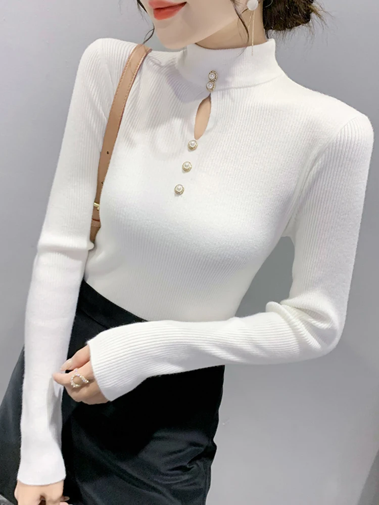 Autumn Winter Pullovers Women Hollow-out Sweaters Long Sleeve Half High Collar Sweater Female Slim Korean Knitwears Tops 2024