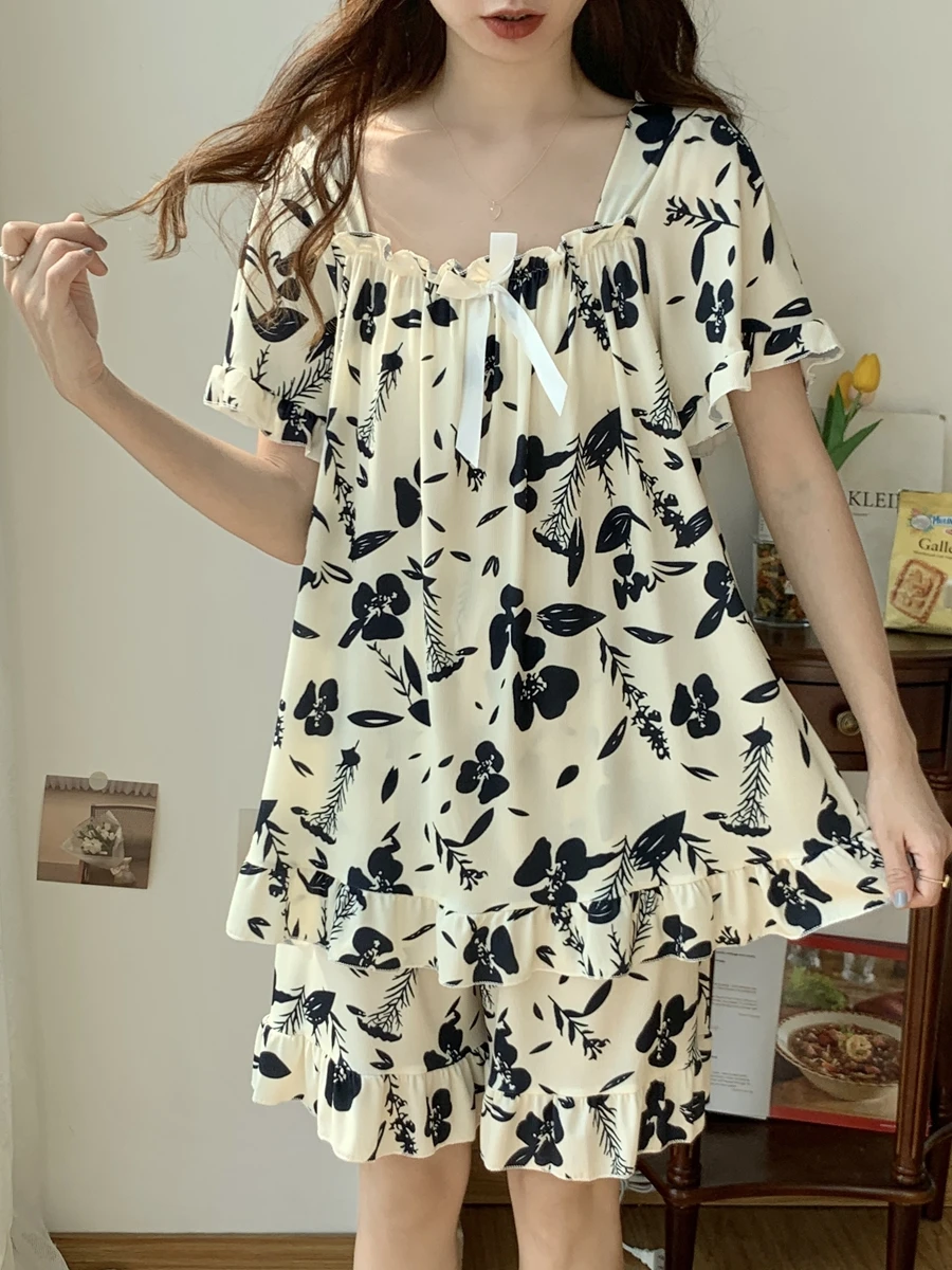 

plus Size Ice Silk ort Sve Spwear Women's Loose Home Clothes Two-Piece Set Can Be Worn outside Sweet Cute Sle Summe...
