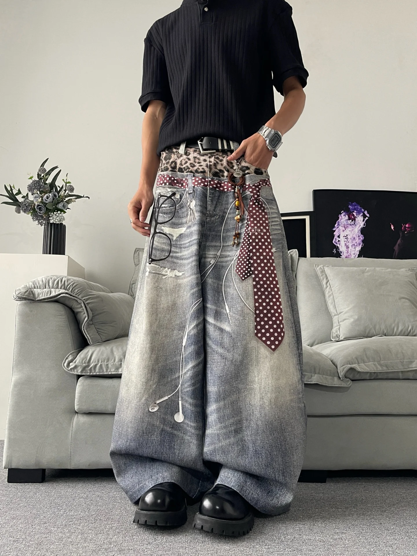 

Retro American Print Knife Jeans Men's Street Washed Loose Baggy Wide Leg Scythe Pants Casual Summer Denim Jeans