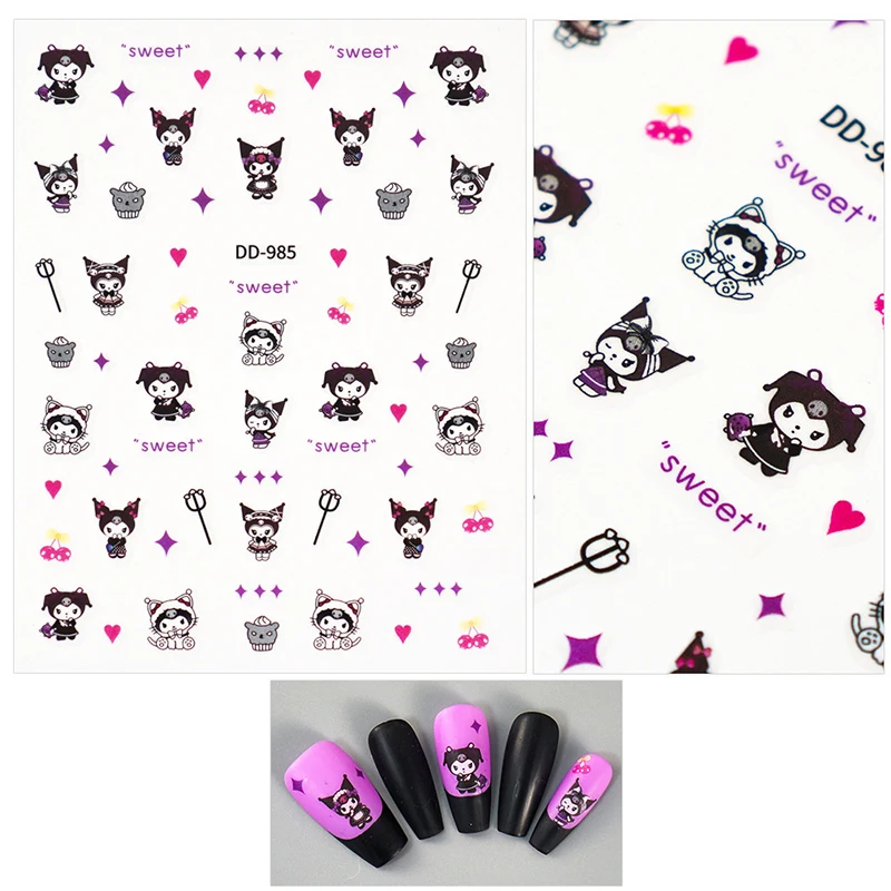 1 Sheet Sanrio Kuromi 3D Nail Art Stickers Nail Decals For Nails Embossed Kuromi Manicure Animation Design DIY Happy Accessories