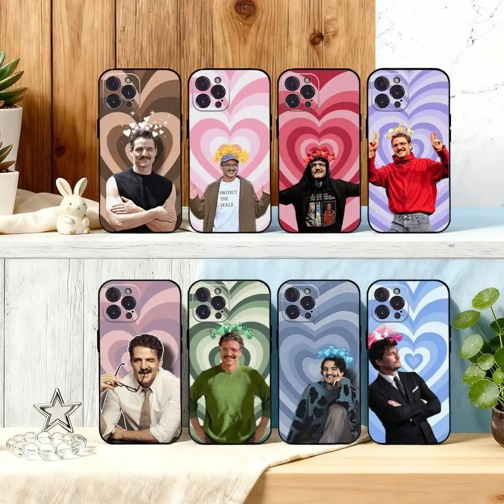 

Pedro Pascal with a H-heart background Phone Case For iPhone 16 15 14 13 12 11 Pro Max Plus,5G Soft Black Case