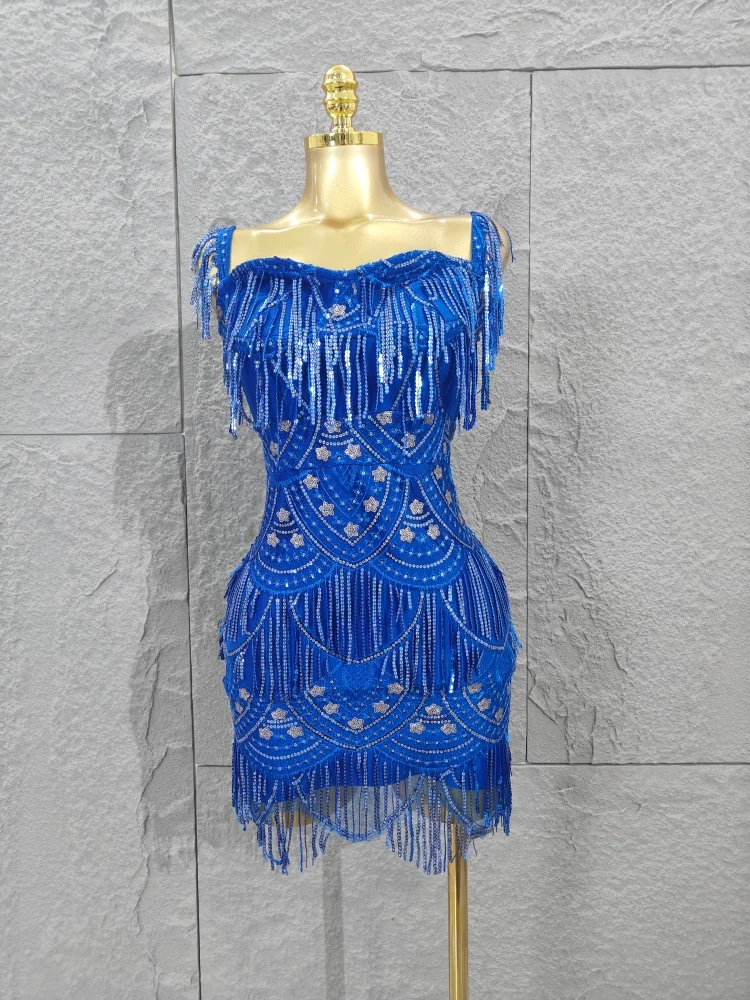 

2025 Высокое качество знаменитостей синего цвета с открытыми плечами, расшитое блестками и кисточками, вискоза, бандажное платье, элегантное клубное вечернее новое платье, Vestidos